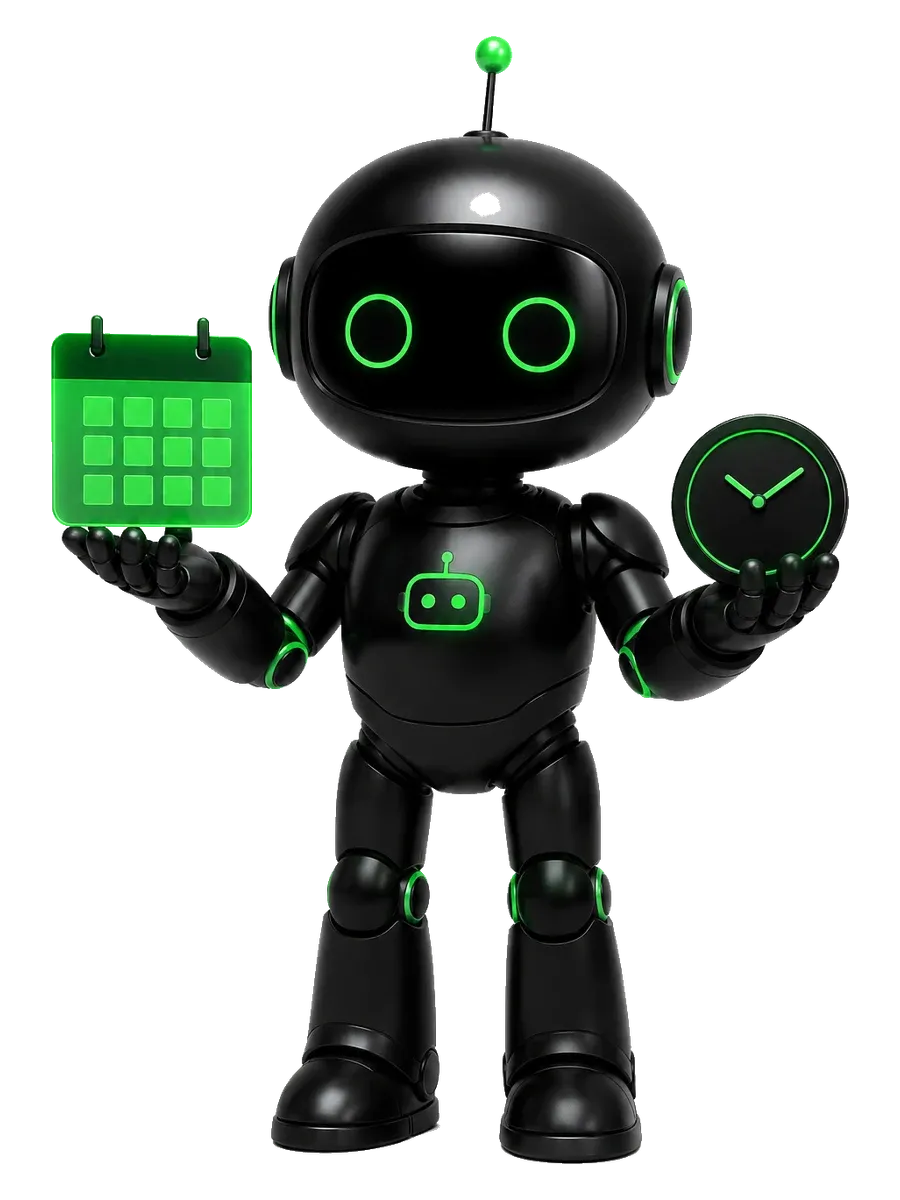 BMO sosteniendo un calendario y un reloj verdes