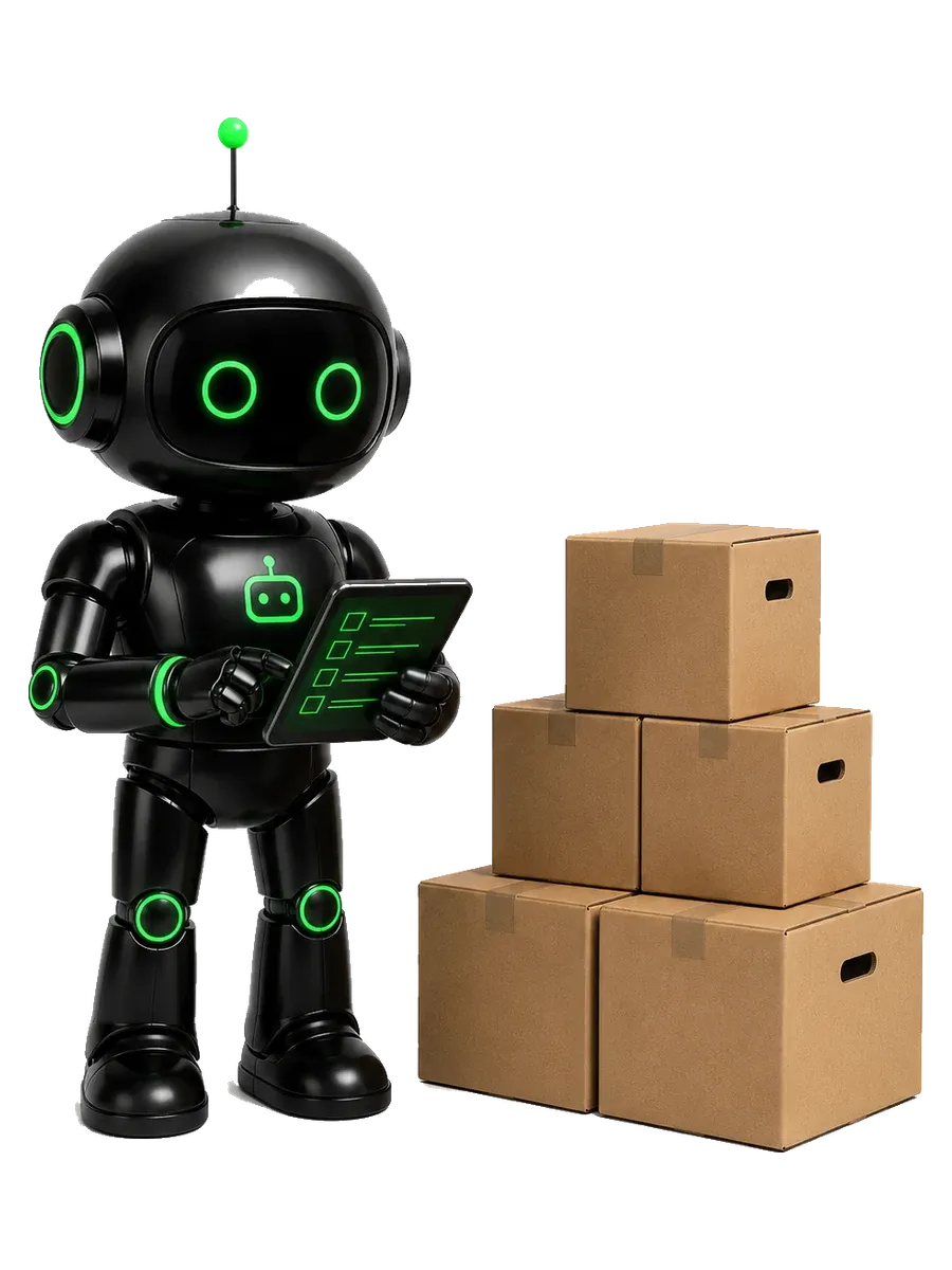 BMO junto a cajas apiladas, con una tableta de inventario en la mano