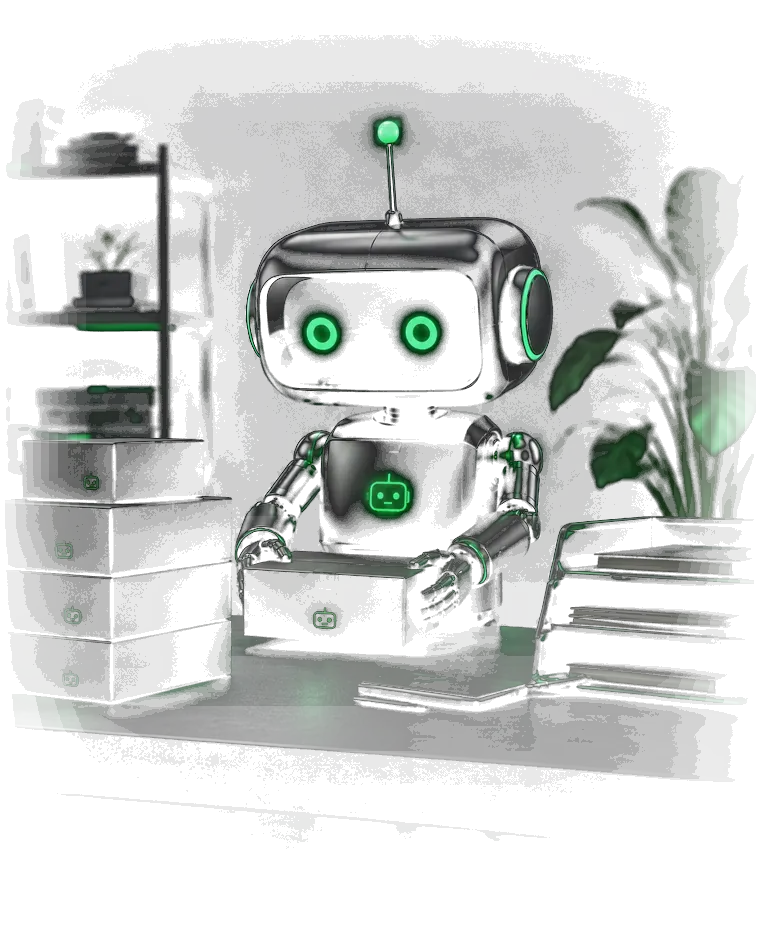 BMO en un escritorio de trabajo, entre cajas de documentos ordenados